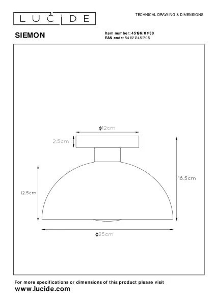 Lucide SIEMON - Plafonnier - Ø 25 cm - 1xE27 - Noir - TECHNISCH